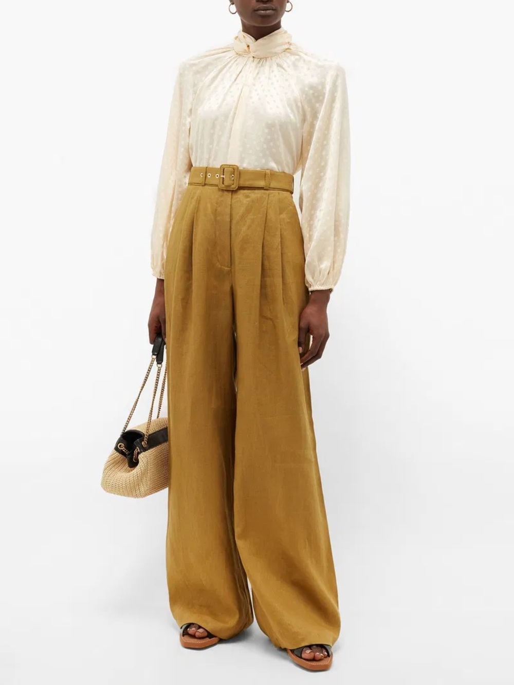 Zimmermann Wavelength High-Waist Wide-Leg Linen Belted Pants Sage Green, Size 3
